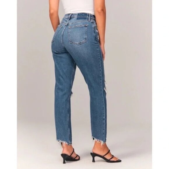 Abercrombie & Fitch Curve Love High Rise Mom Jeans Distressed Denim Sz 27 4R - Picture 2 of 11